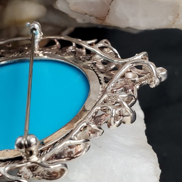 Large Cameo Pendant Brooch Sterling Silver 925 Genuine Turquoise Mother Of Pearl - Picture 3 of 9